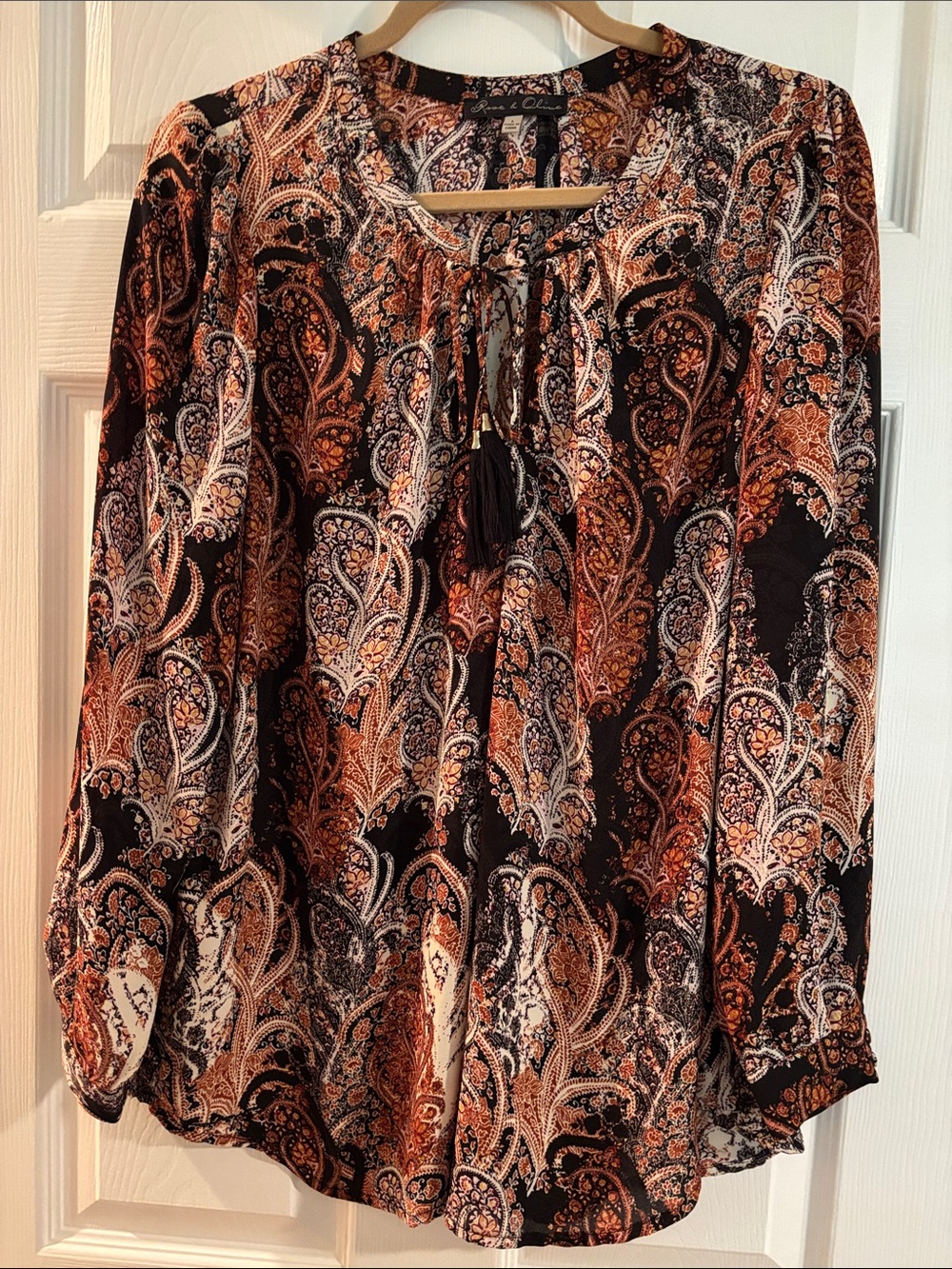 Rose & Olive Black Paisley Tie-Neck Tunic with Rust Accents